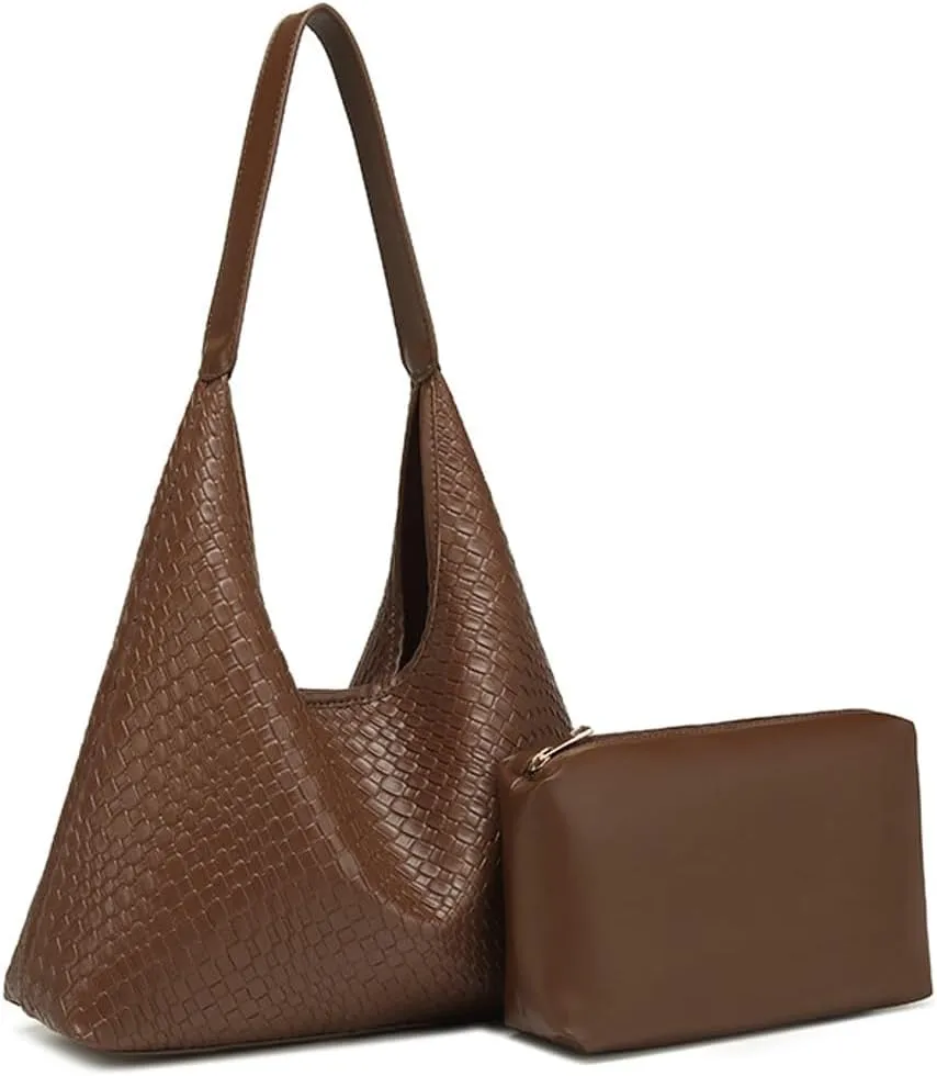 2 Pcs Slouchy PU Leather Underarm Shoulder Bag Women Trendy Hobo Bags Crossbody Crescent Purses Satchel Tote Handbag