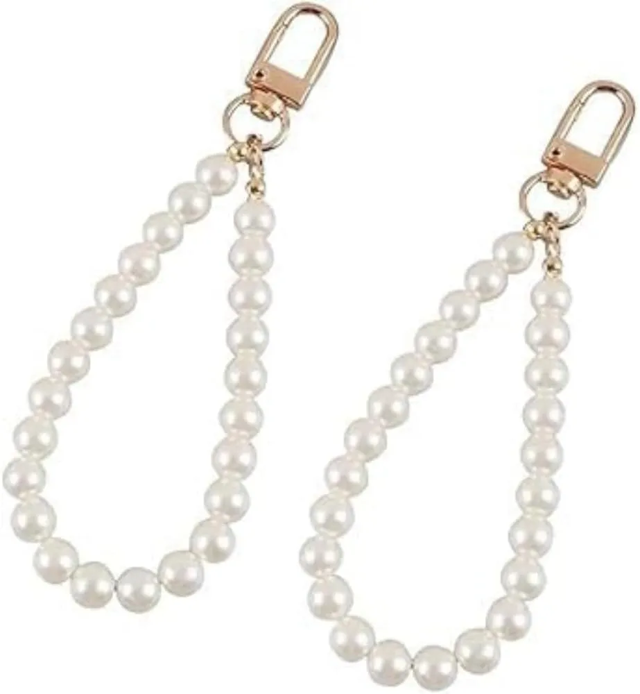 2Pcs Wristlet Keychain, White Faux Pearl Keychain Straps Beaded Keyring Lanyard Key, Chain Holder Wristlet Key Ring Wrist Strap, Elegant Purse Lanyard Strap Keyrings