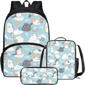 3 Pcs Backpack Set for Girls Cat School Backpack with Lunch Box and Pencil Cases for Kids School Bag Set Lightweight Backpack Thermal Insulated Lunch Bag