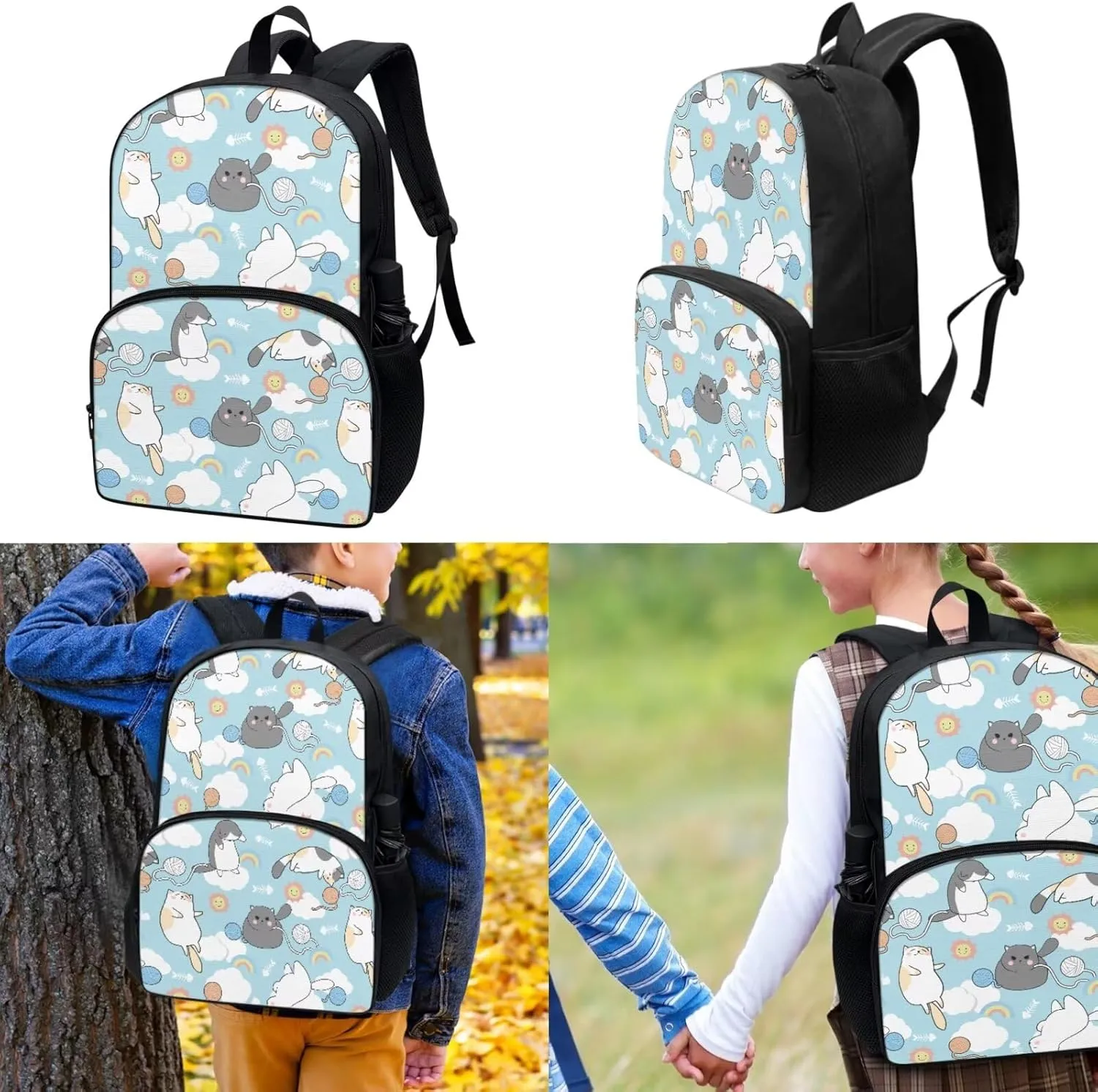 3 Pcs Backpack Set for Girls Cat School Backpack with Lunch Box and Pencil Cases for Kids School Bag Set Lightweight Backpack Thermal Insulated Lunch Bag