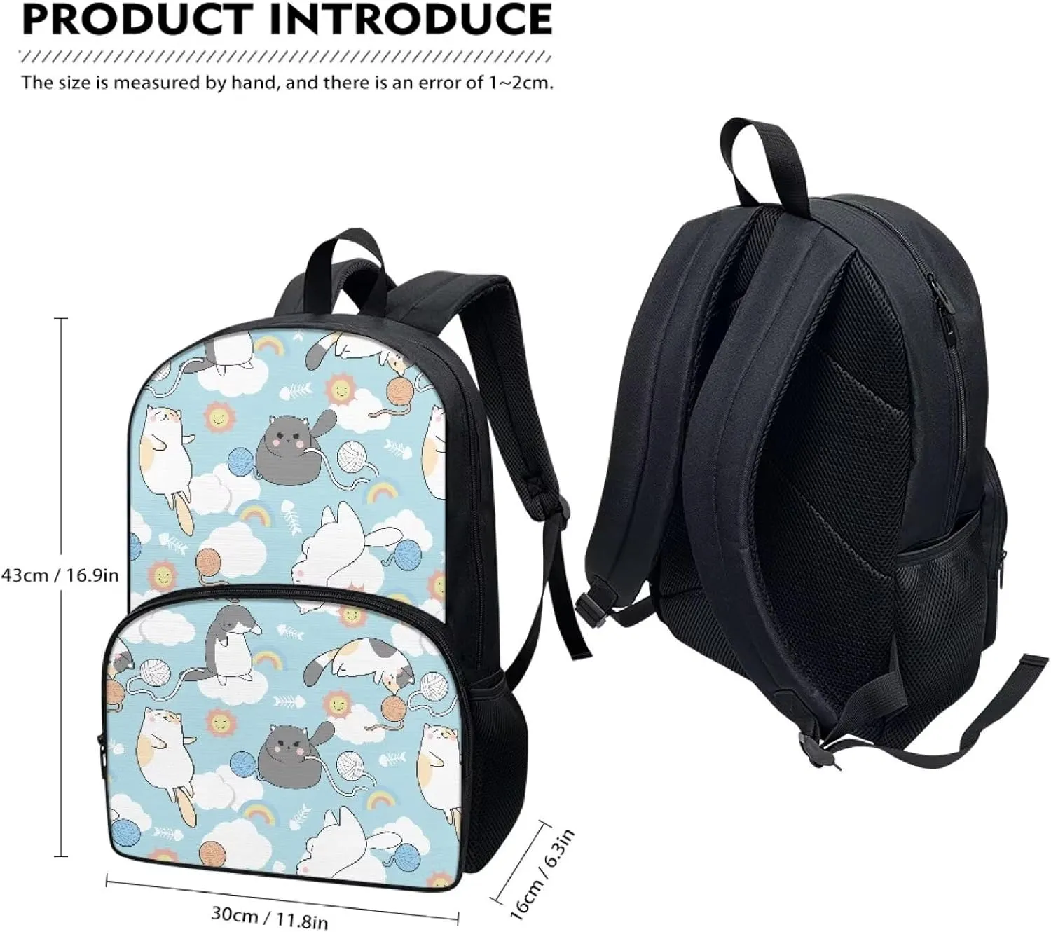 3 Pcs Backpack Set for Girls Cat School Backpack with Lunch Box and Pencil Cases for Kids School Bag Set Lightweight Backpack Thermal Insulated Lunch Bag