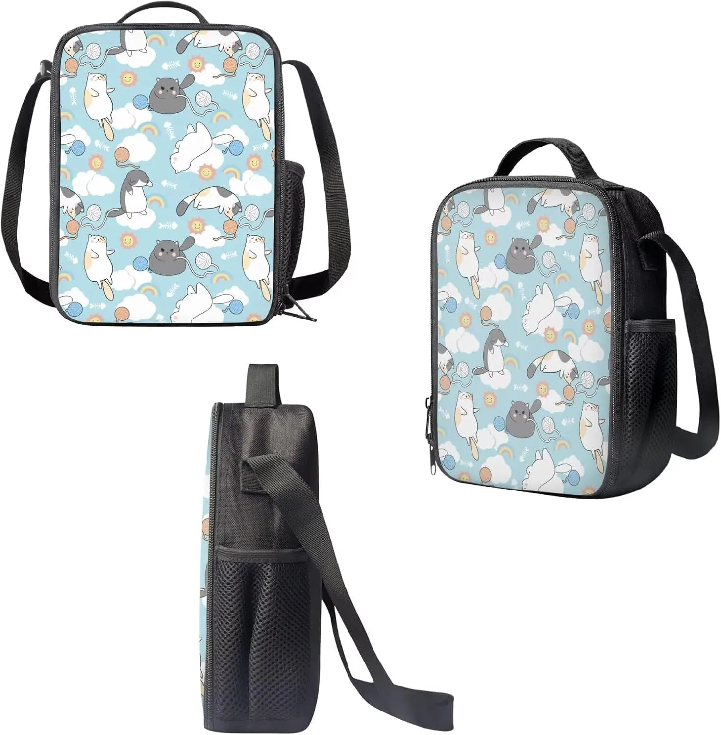 3 Pcs Backpack Set for Girls Cat School Backpack with Lunch Box and Pencil Cases for Kids School Bag Set Lightweight Backpack Thermal Insulated Lunch Bag