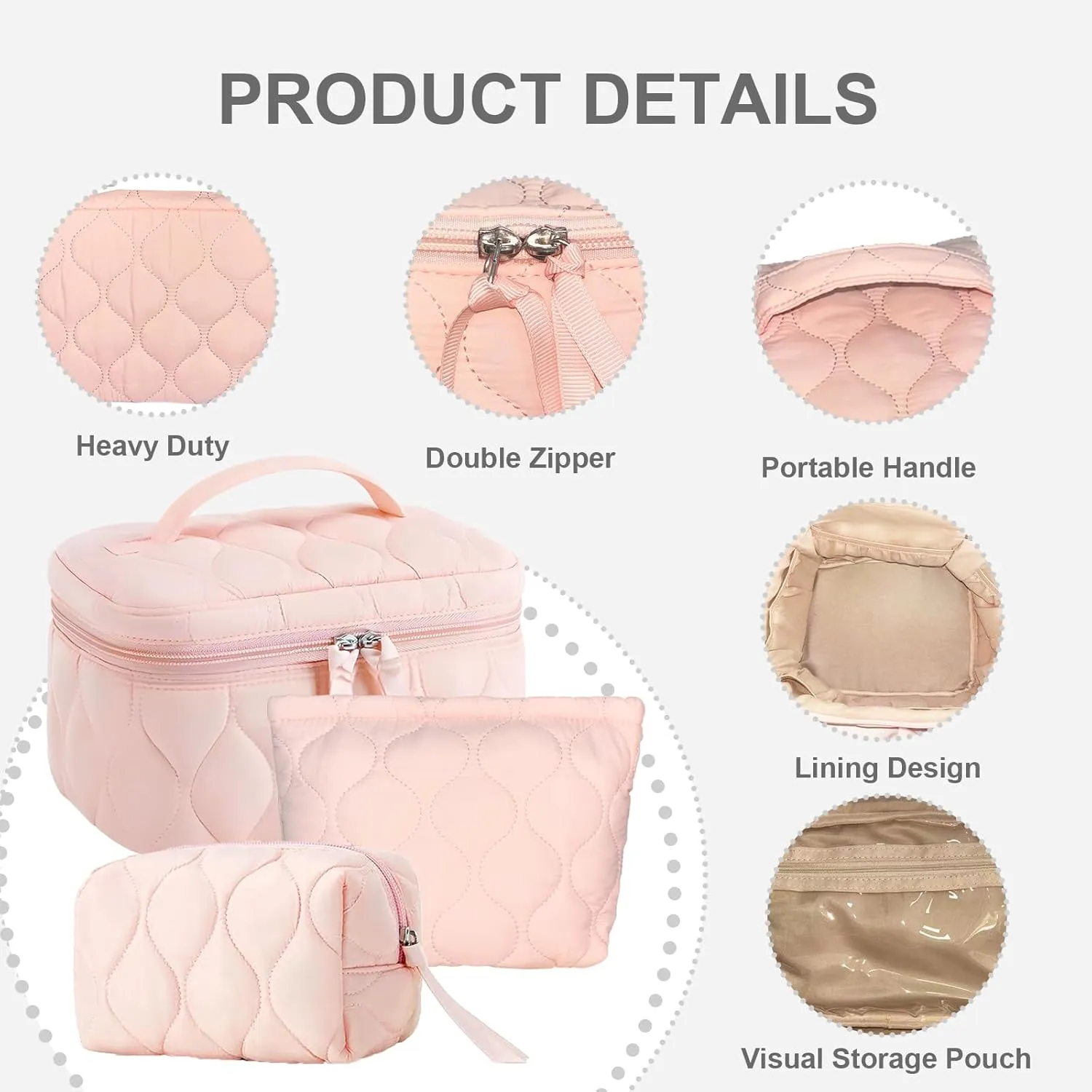 3 PCS Quilted Makeup Bag Set Coquette Cosmetic Bag Toiletry Travel Organizer, Small Medium Large, Cute Portable Puffy for Women Girls, Pink