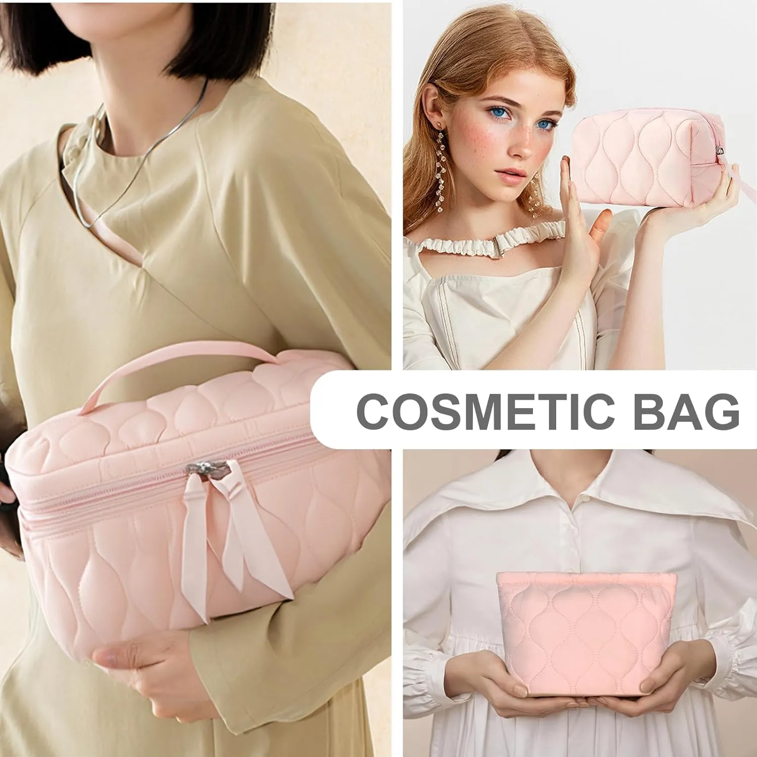 3 PCS Quilted Makeup Bag Set Coquette Cosmetic Bag Toiletry Travel Organizer, Small Medium Large, Cute Portable Puffy for Women Girls, Pink