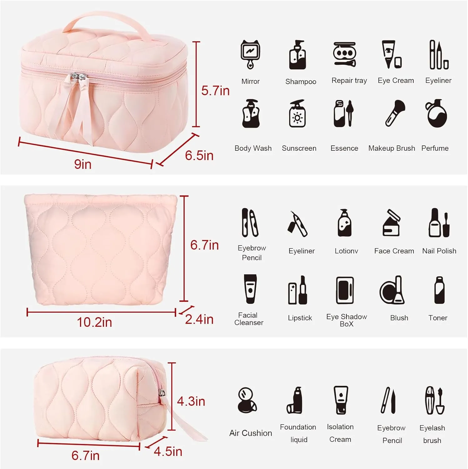 3 PCS Quilted Makeup Bag Set Coquette Cosmetic Bag Toiletry Travel Organizer, Small Medium Large, Cute Portable Puffy for Women Girls, Pink