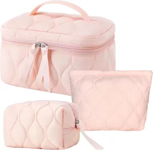 3 PCS Quilted Makeup Bag Set Coquette Cosmetic Bag Toiletry Travel Organizer, Small Medium Large, Cute Portable Puffy for Women Girls, Pink