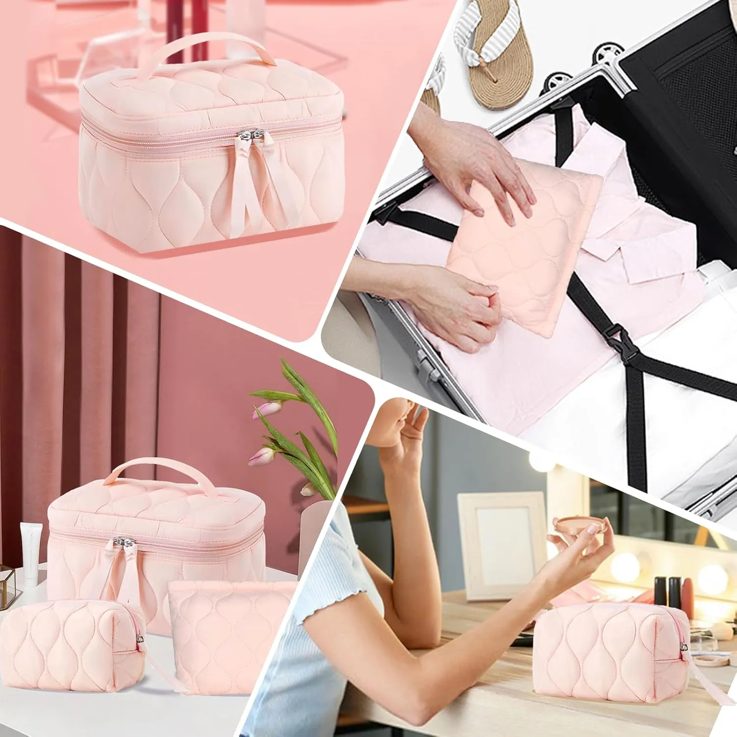 3 PCS Quilted Makeup Bag Set Coquette Cosmetic Bag Toiletry Travel Organizer, Small Medium Large, Cute Portable Puffy for Women Girls, Pink
