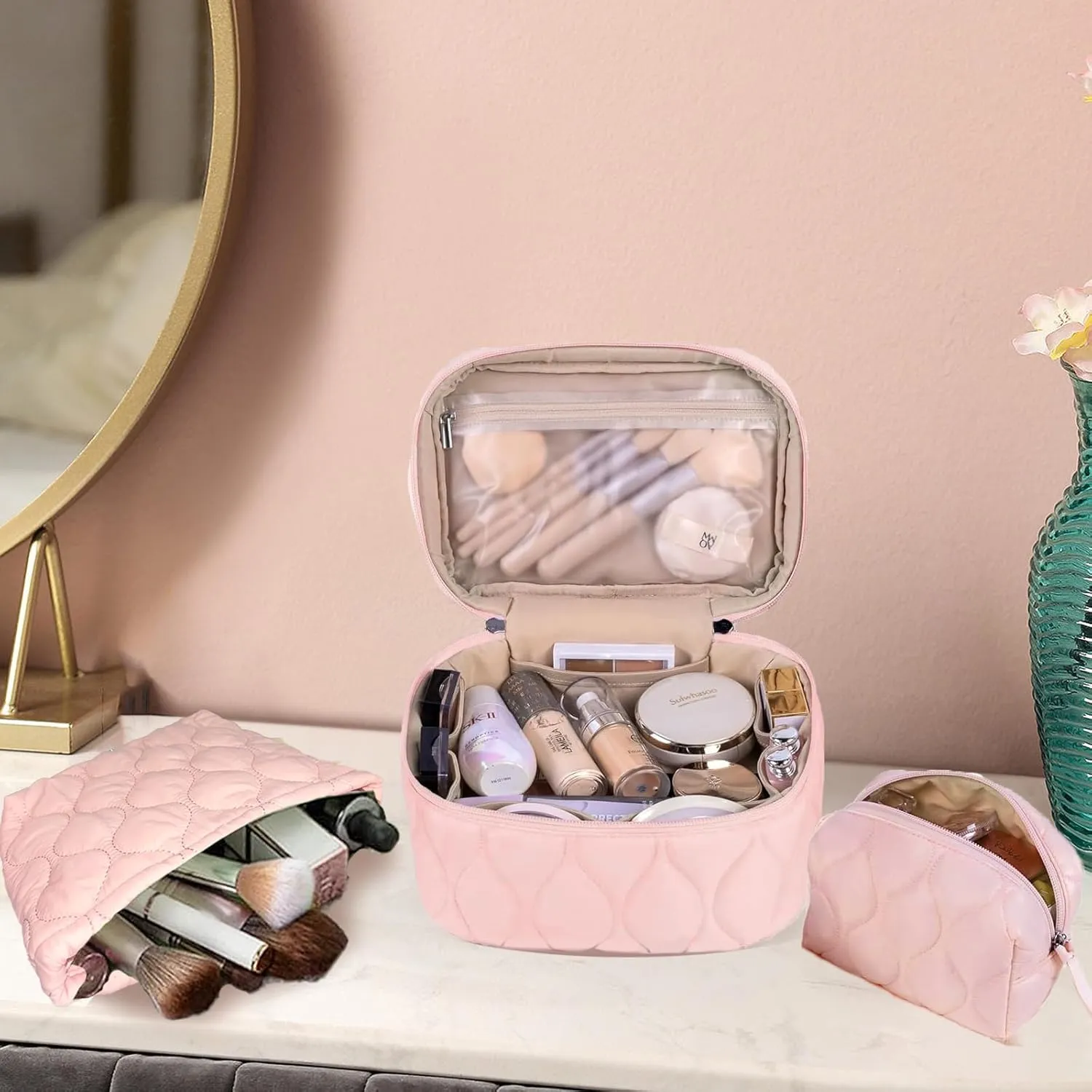 3 PCS Quilted Makeup Bag Set Coquette Cosmetic Bag Toiletry Travel Organizer, Small Medium Large, Cute Portable Puffy for Women Girls, Pink