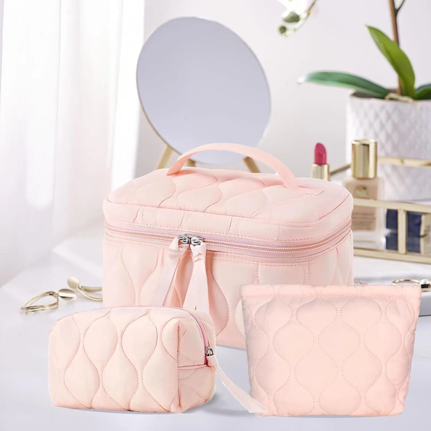 3 PCS Quilted Makeup Bag Set Coquette Cosmetic Bag Toiletry Travel Organizer, Small Medium Large, Cute Portable Puffy for Women Girls, Pink