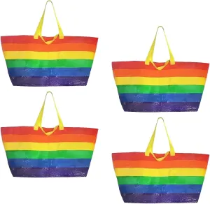 4-Pack Extra Large Rainbow Woven Waterproof Tote Bags - Double Handle Reusable Shopping Bags, Pride Month LGBTQ  Gift