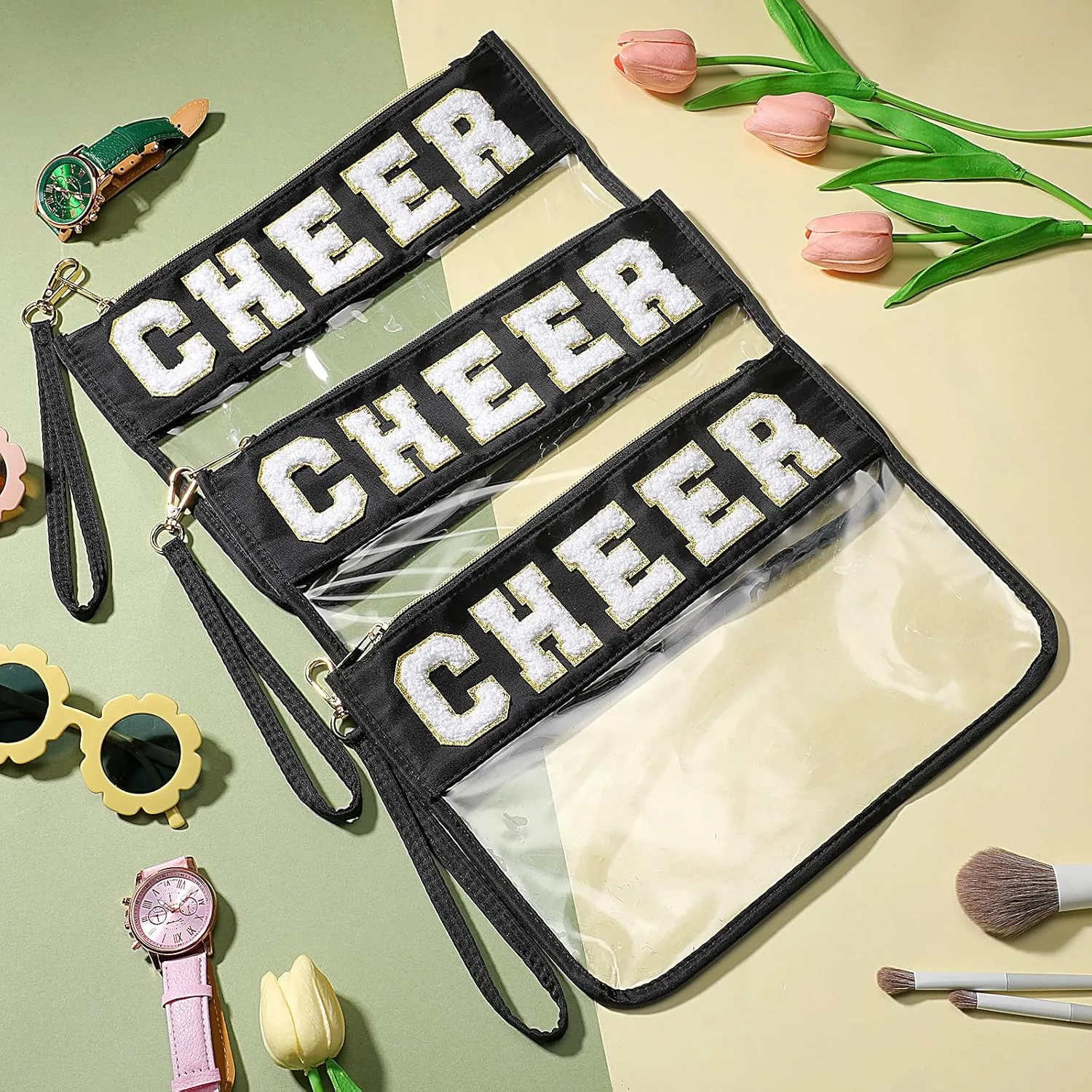 Abbylike 12 Pcs Snack Bags Clear Chenille Letter Cheer Zipper Pouch Waterproof PVC Large Travel Makeup Cosmetic Storage Organizer Bag for Mom Team Cheerleaders Teacher (Black)