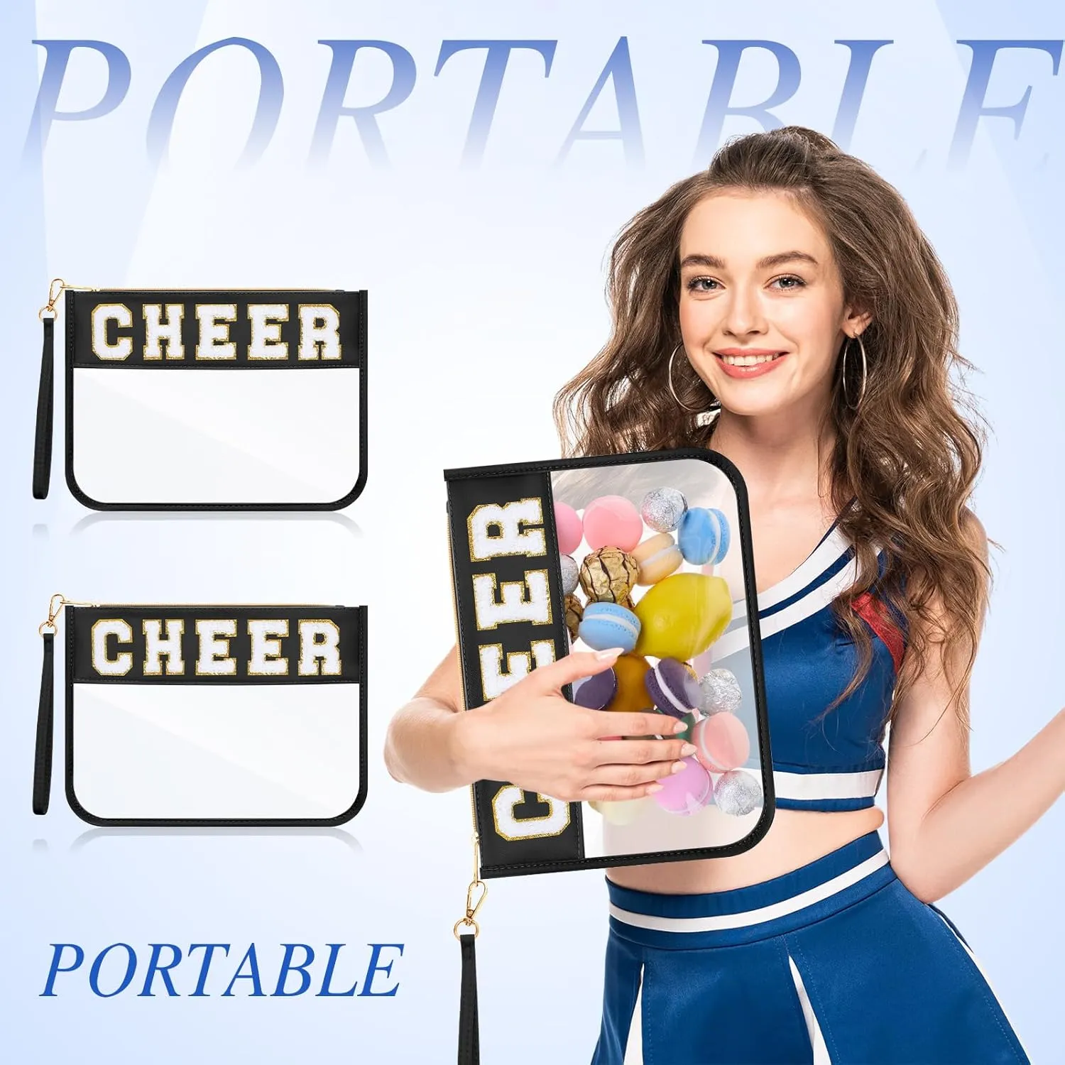 Abbylike 12 Pcs Snack Bags Clear Chenille Letter Cheer Zipper Pouch Waterproof PVC Large Travel Makeup Cosmetic Storage Organizer Bag for Mom Team Cheerleaders Teacher (Black)