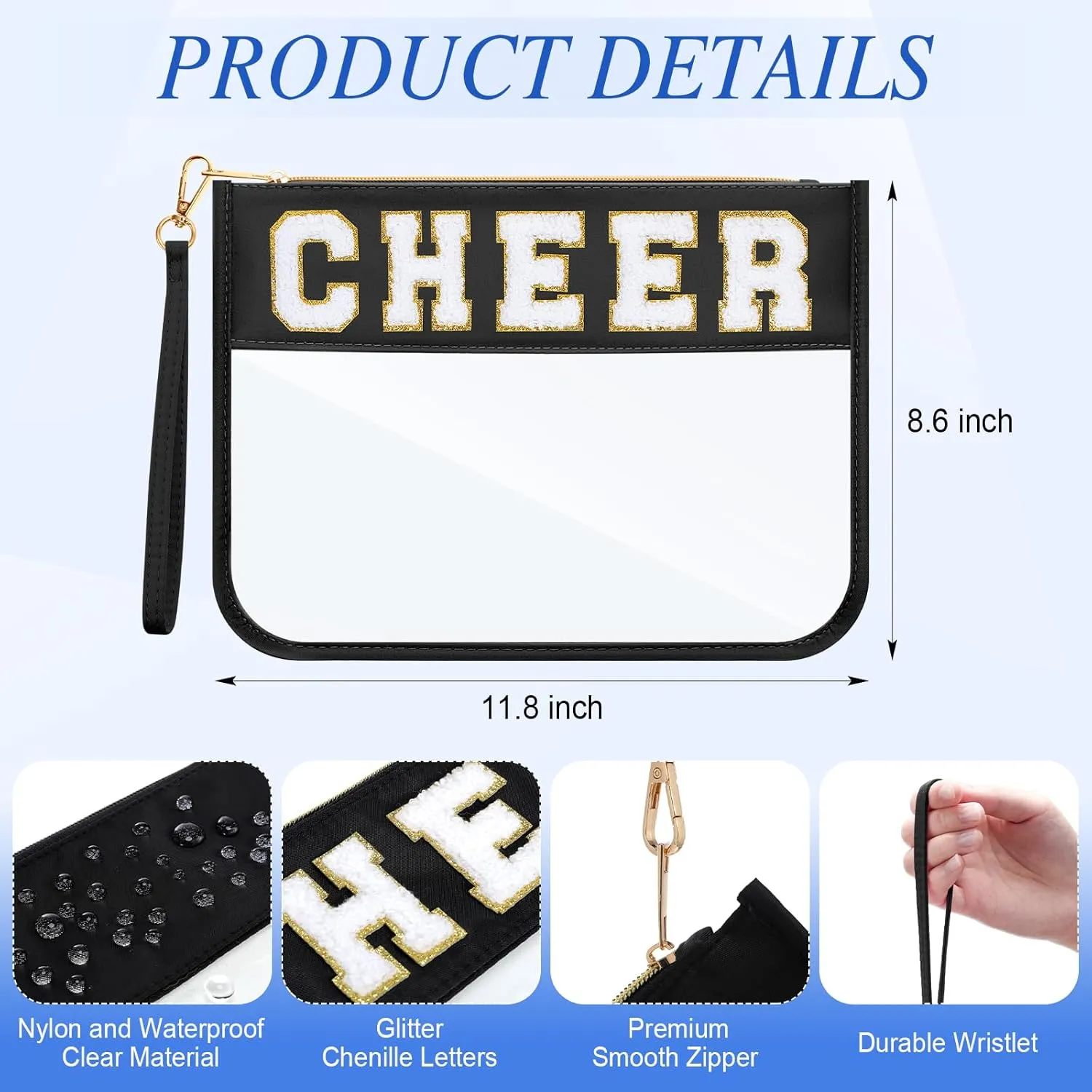 Abbylike 12 Pcs Snack Bags Clear Chenille Letter Cheer Zipper Pouch Waterproof PVC Large Travel Makeup Cosmetic Storage Organizer Bag for Mom Team Cheerleaders Teacher (Black)