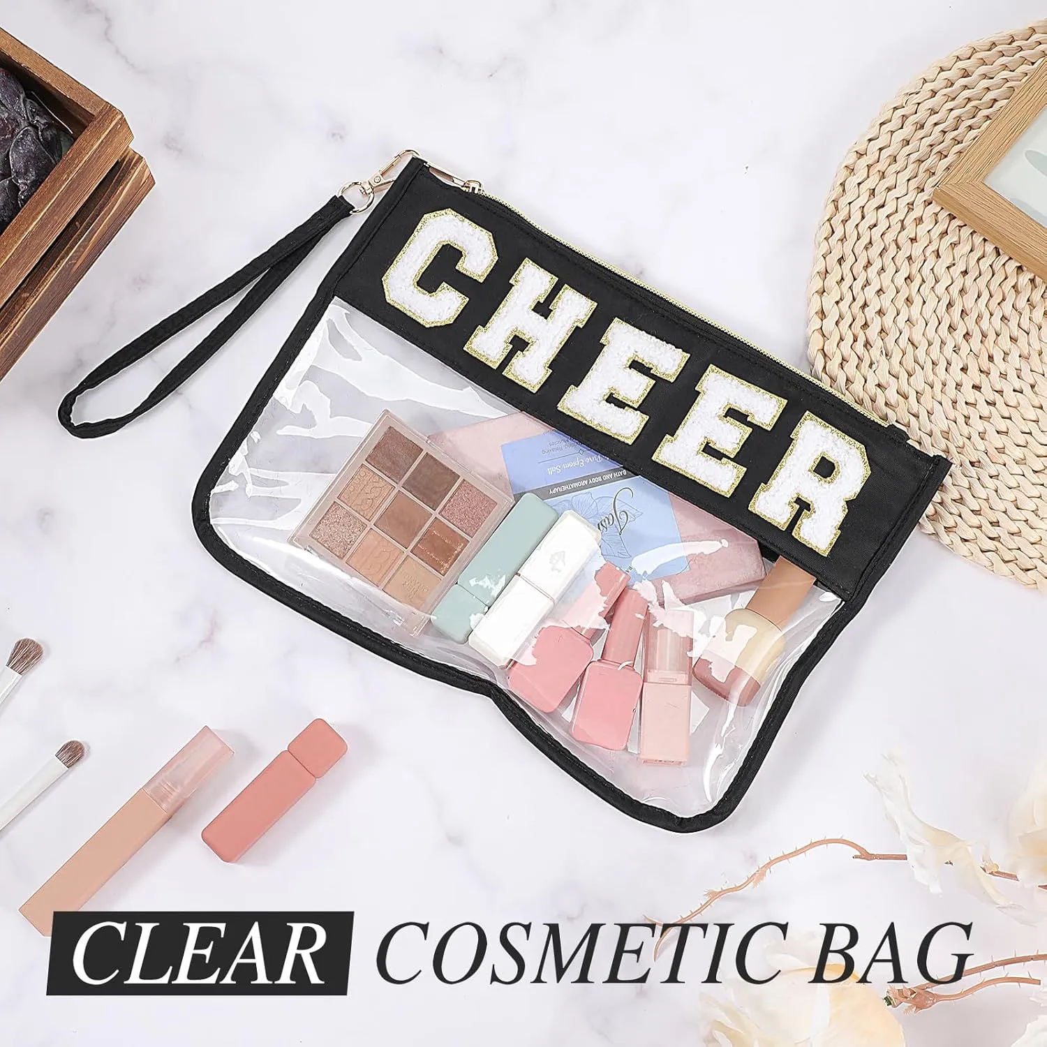 Abbylike 12 Pcs Snack Bags Clear Chenille Letter Cheer Zipper Pouch Waterproof PVC Large Travel Makeup Cosmetic Storage Organizer Bag for Mom Team Cheerleaders Teacher (Black)
