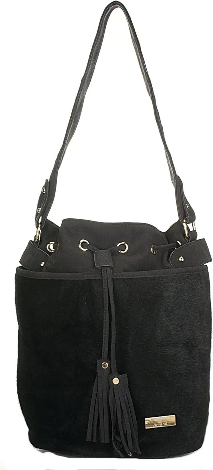 Adi-12-Bk Chic Black Drawstring Bucket Style Zip Closure Womens Handbag