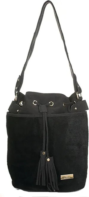 Adi-12-Bk Chic Black Drawstring Bucket Style Zip Closure Womens Handbag
