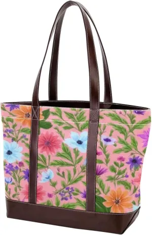 Aesthetic Colored Flowers-1450 Tote Bags Durable Leather Canvas Purses and Handbags for Women Top Handle Shoulder Satchel Hobo Bags