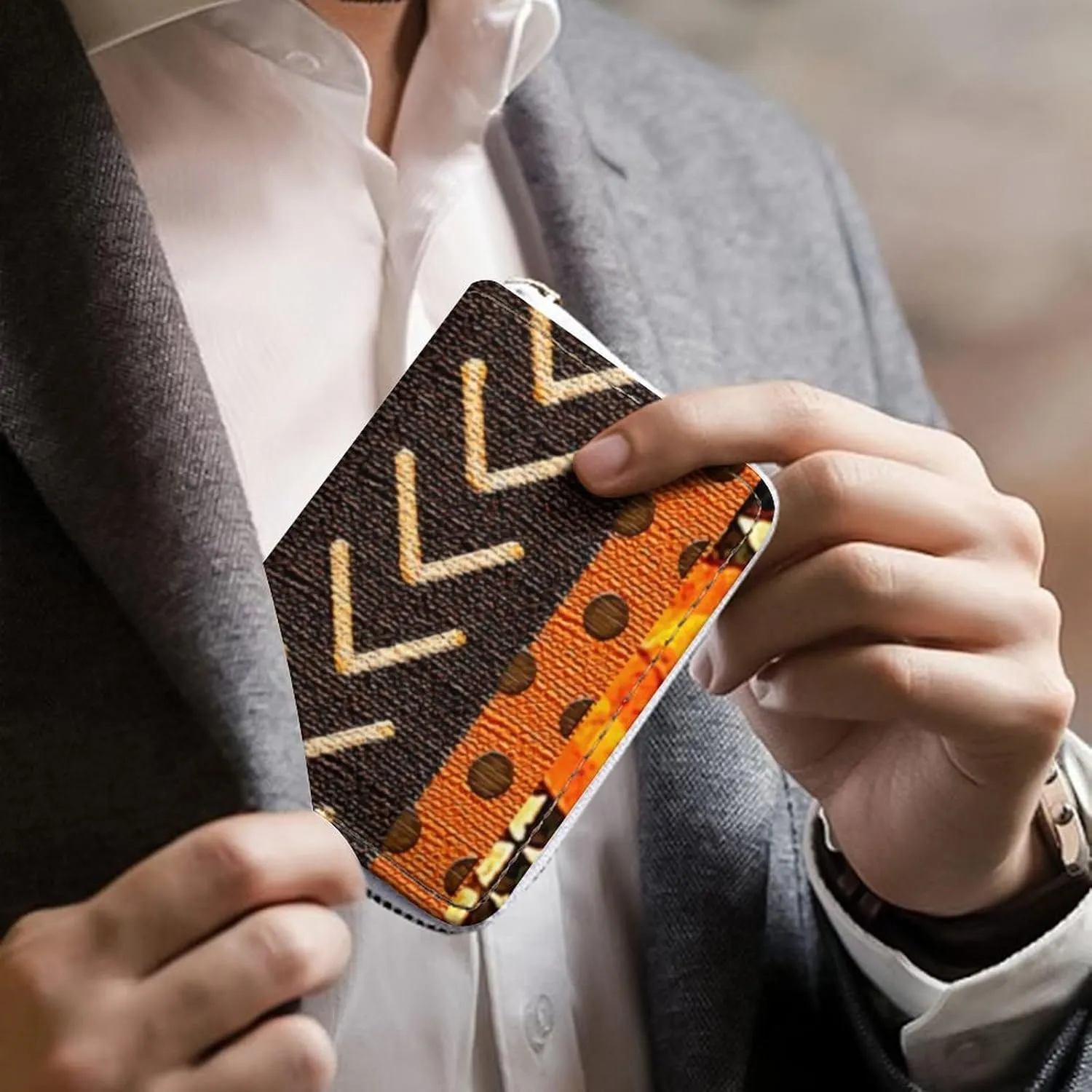 African Mud Cloth Print Portable And Compact Leather Card Bag