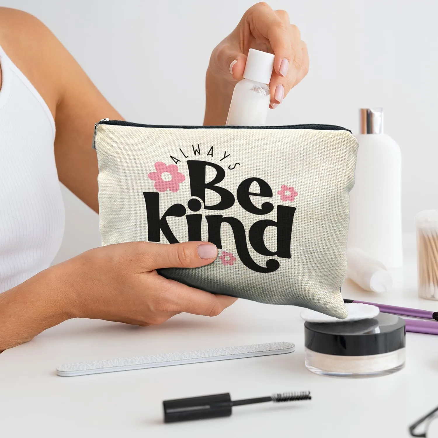 Always Be Kind Floral Makeup Bag, Inspirational Gifts for Women, Motivational Quote Cosmetic Bag Travel Toiletry Bag, Cute Floral Makeup Pouch, Kindness Gifts for Friends Family Loved Ones