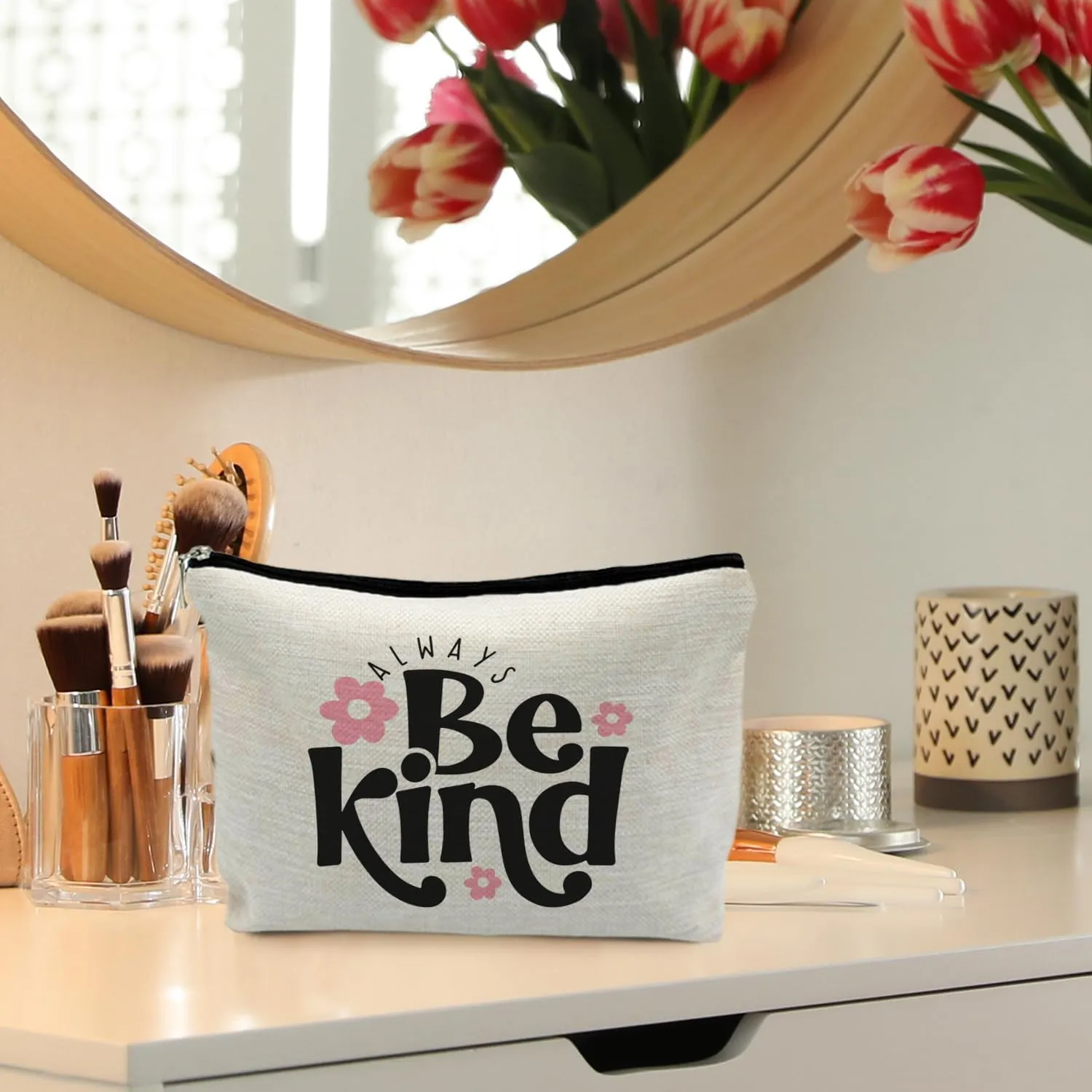 Always Be Kind Floral Makeup Bag, Inspirational Gifts for Women, Motivational Quote Cosmetic Bag Travel Toiletry Bag, Cute Floral Makeup Pouch, Kindness Gifts for Friends Family Loved Ones