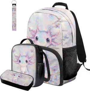 Axolotl Backpack for Girls 4 in 1 Bookbag with Lunch Box Ages 10-12 Spacious Versatile 4th Grade School Bag for Kindergarten Elementary Mochilas Para Nias