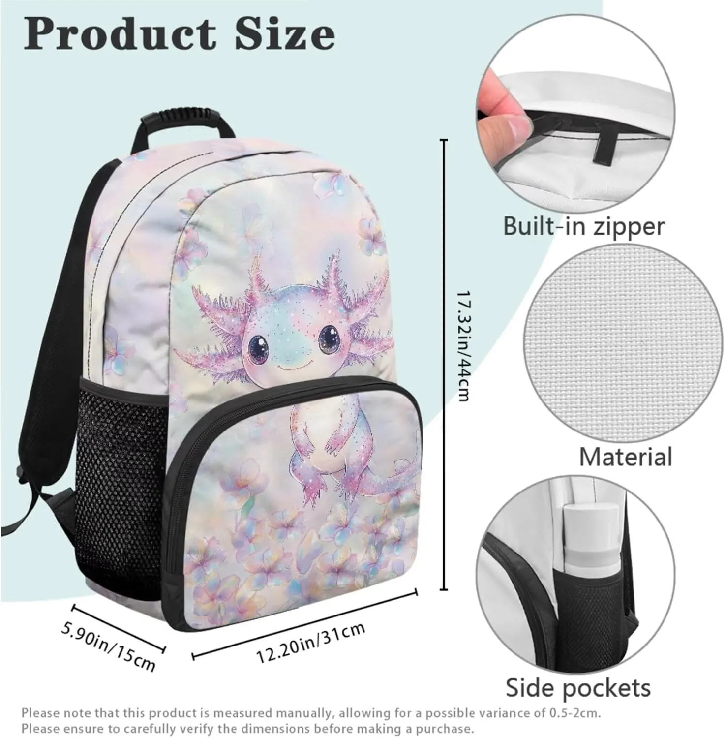 Axolotl Backpack for Girls 4 in 1 Bookbag with Lunch Box Ages 10-12 Spacious Versatile 4th Grade School Bag for Kindergarten Elementary Mochilas Para Nias