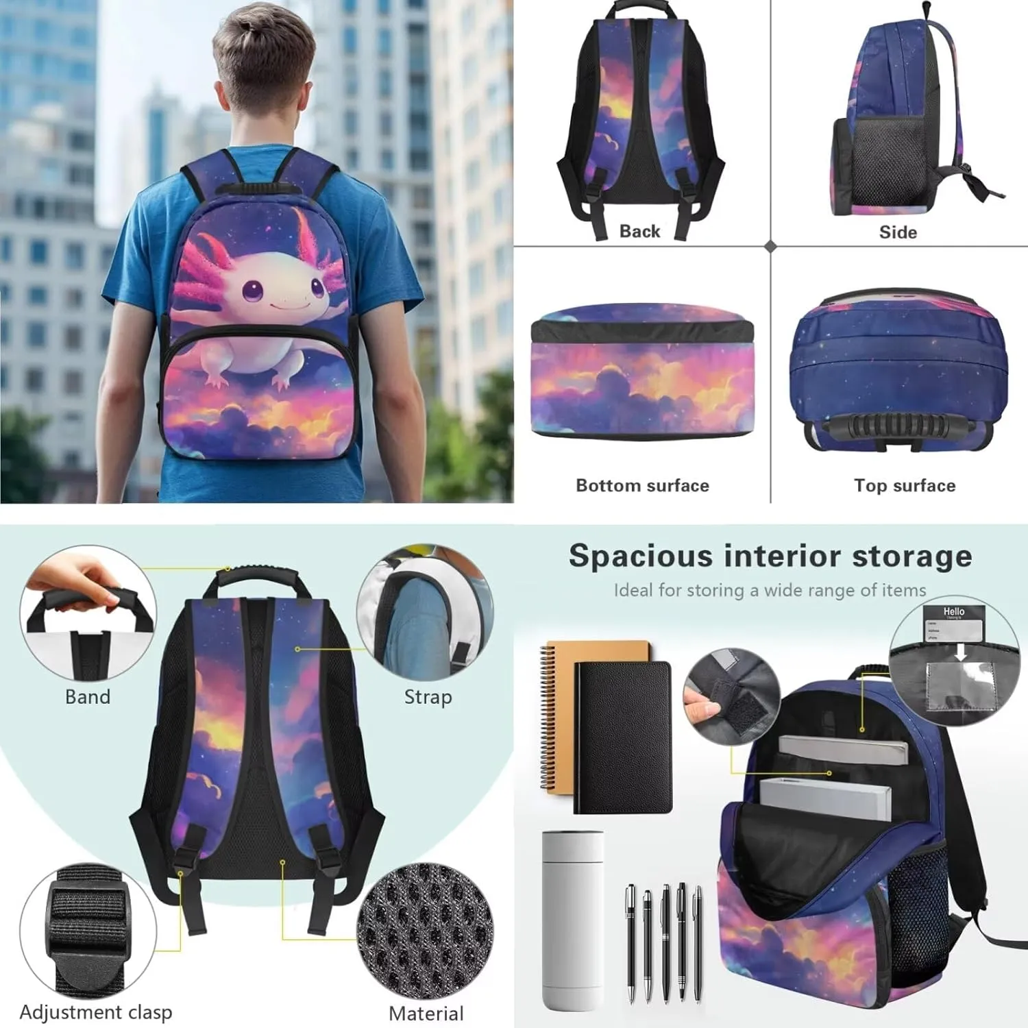 Axolotl Backpack with Lunchbox Kawaii Personalized Bookbag for Girls Portable Purple Insulated Lunch Bag with Handle Versatile School Knapsack Set of 3