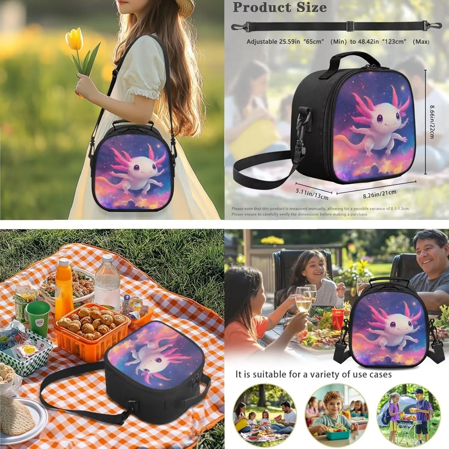Axolotl Backpack with Lunchbox Kawaii Personalized Bookbag for Girls Portable Purple Insulated Lunch Bag with Handle Versatile School Knapsack Set of 3