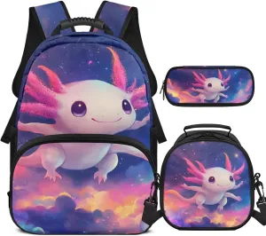 Axolotl Backpack with Lunchbox Kawaii Personalized Bookbag for Girls Portable Purple Insulated Lunch Bag with Handle Versatile School Knapsack Set of 3