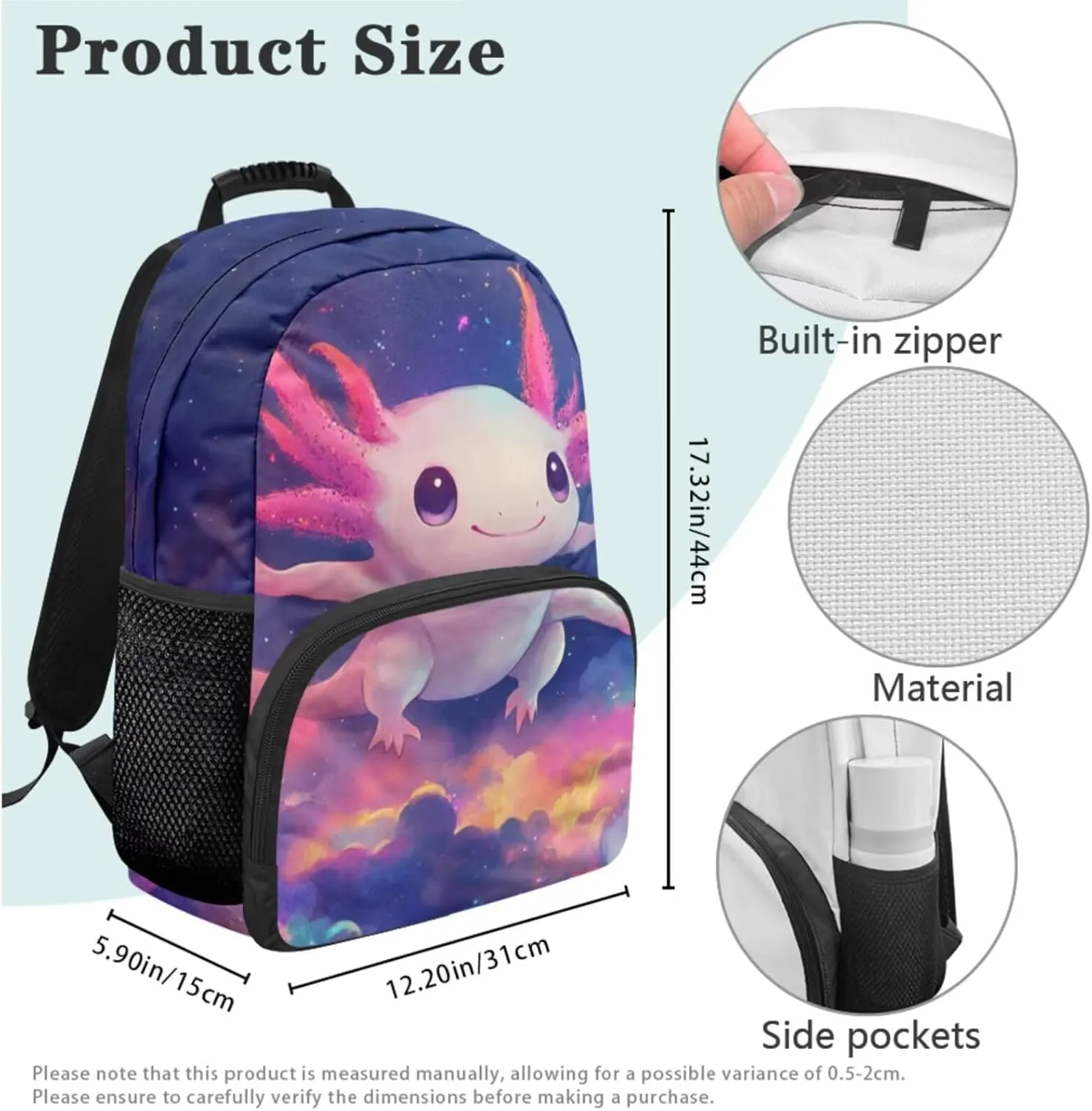 Axolotl Backpack with Lunchbox Kawaii Personalized Bookbag for Girls Portable Purple Insulated Lunch Bag with Handle Versatile School Knapsack Set of 3