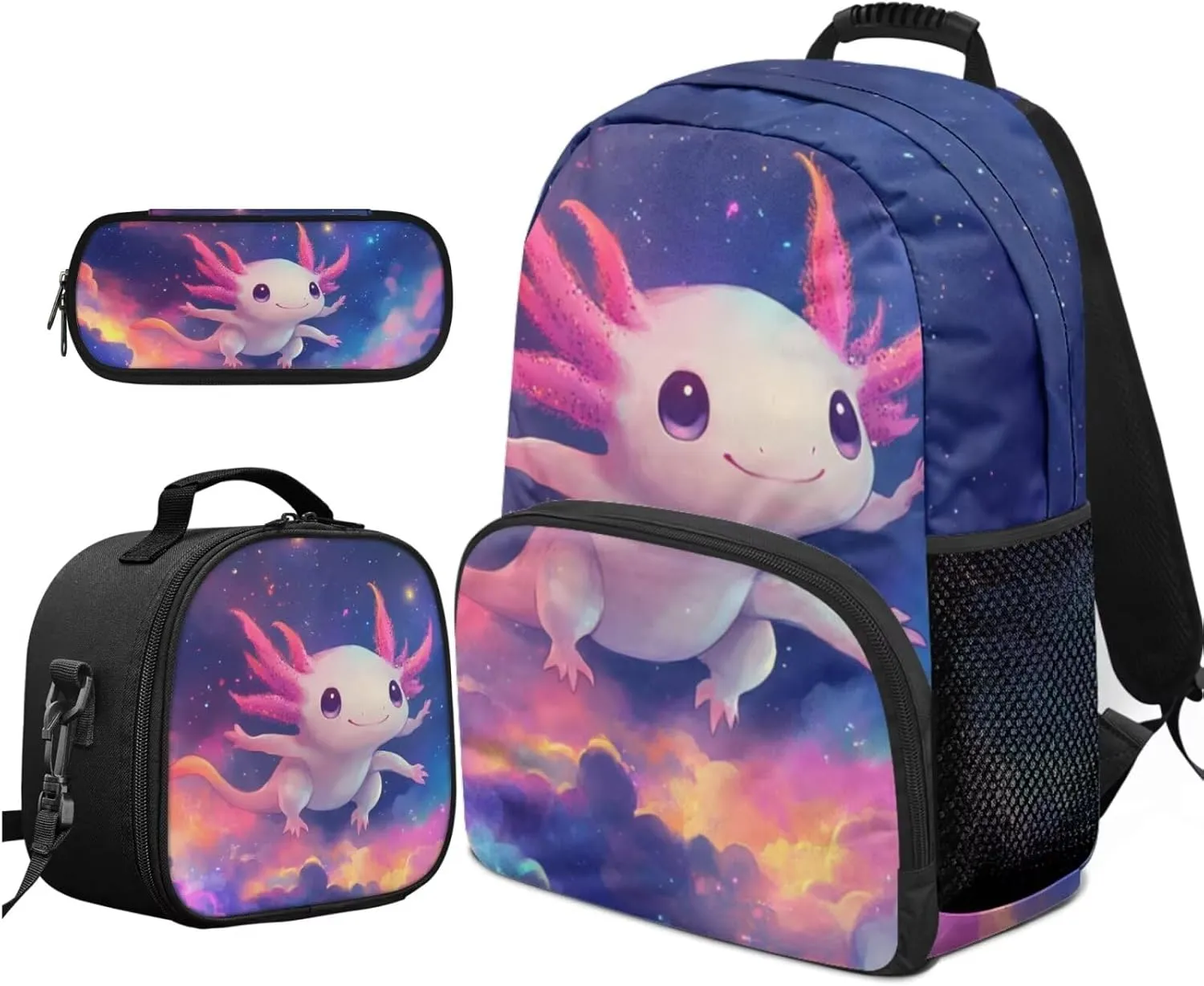 Axolotl Backpack with Lunchbox Kawaii Personalized Bookbag for Girls Portable Purple Insulated Lunch Bag with Handle Versatile School Knapsack Set of 3