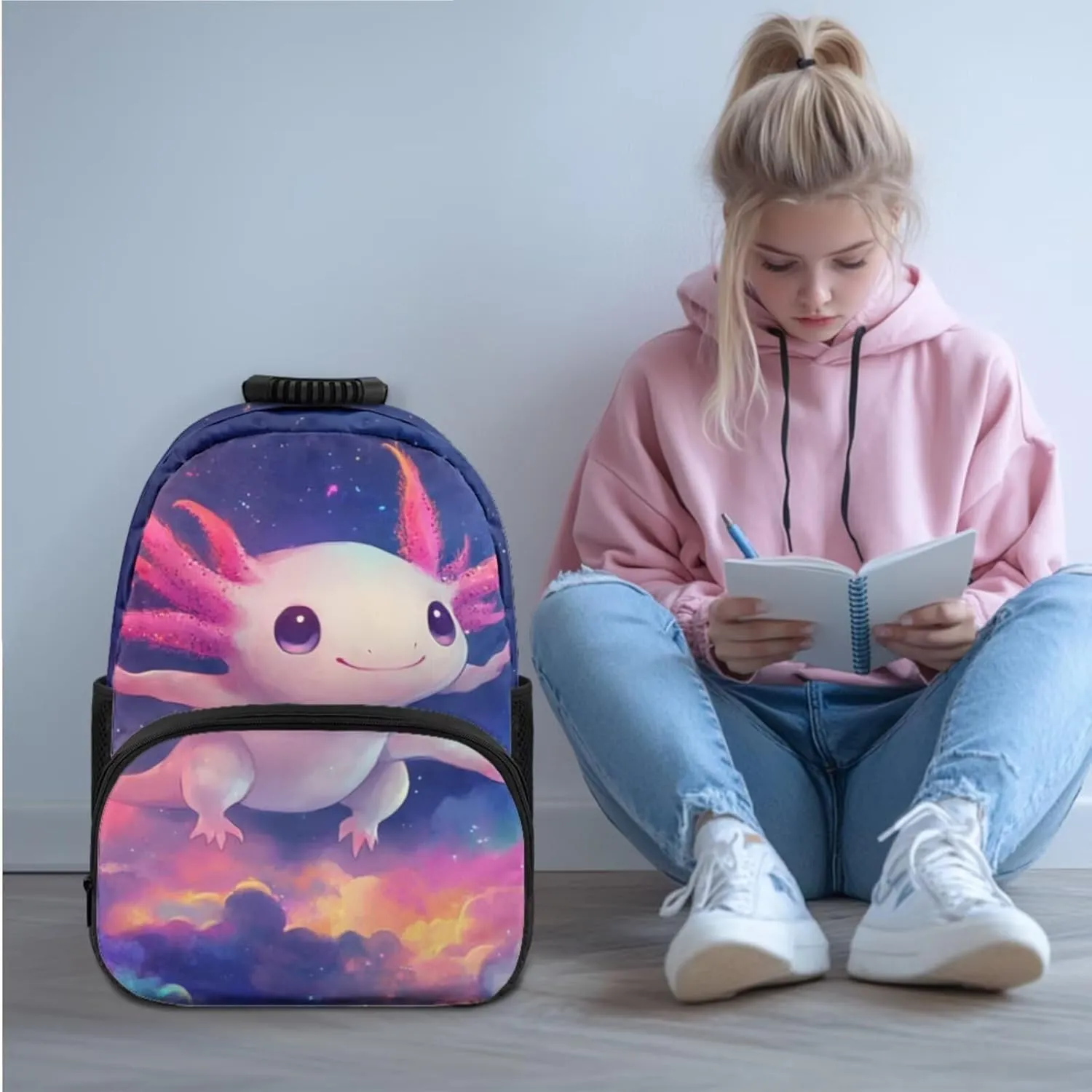 Axolotl Backpack with Lunchbox Kawaii Personalized Bookbag for Girls Portable Purple Insulated Lunch Bag with Handle Versatile School Knapsack Set of 3