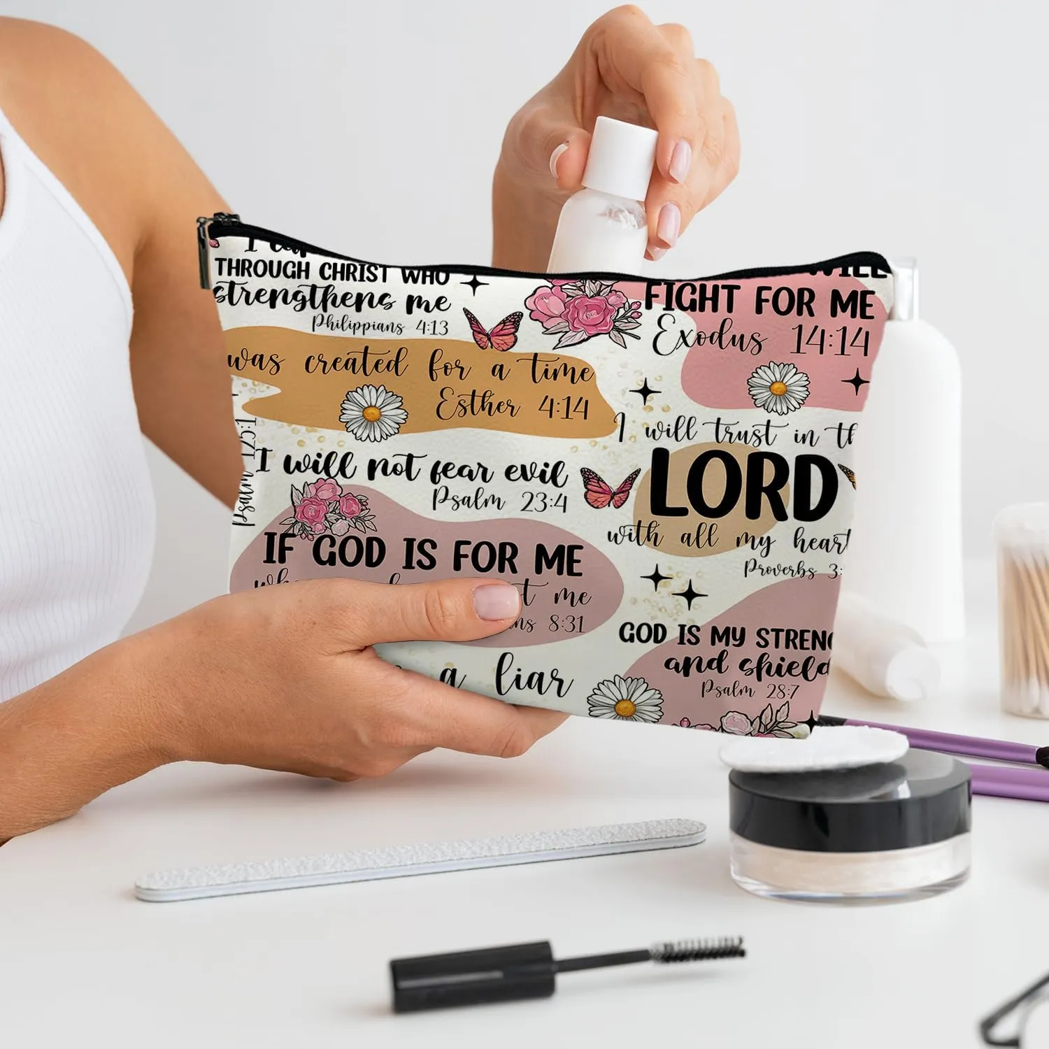 Bible Christian Makeup Bag, Scripture Cosmetic Leather Bag Pouch, Christian Gifts for Women Faith, Bible Verse Gifts, Religious Christian Gifts for Women(PU)