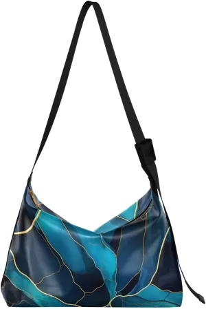 Blue Golden Line Tote Bag for Women Large Hobo Bags Hobo Crossbody Bags Leather Tote with Adjustable Strap for Travel Girl