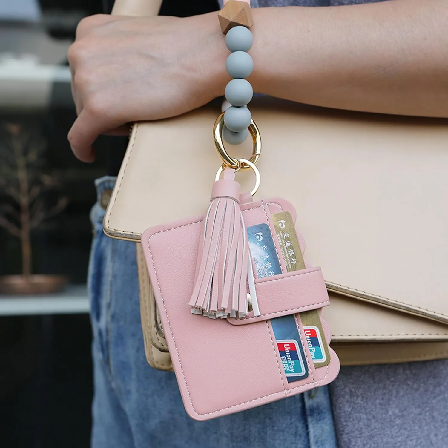 Boho Flower Keychain Wallet for Women  Cute Silicone Beaded Bracelet Wristlet with Card Holder, Tassel Key Ring
