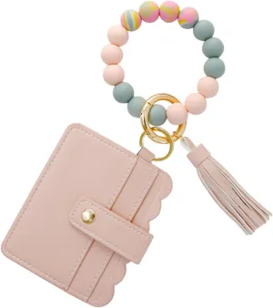 Boho Flower Keychain Wallet for Women  Cute Silicone Beaded Bracelet Wristlet with Card Holder, Tassel Key Ring