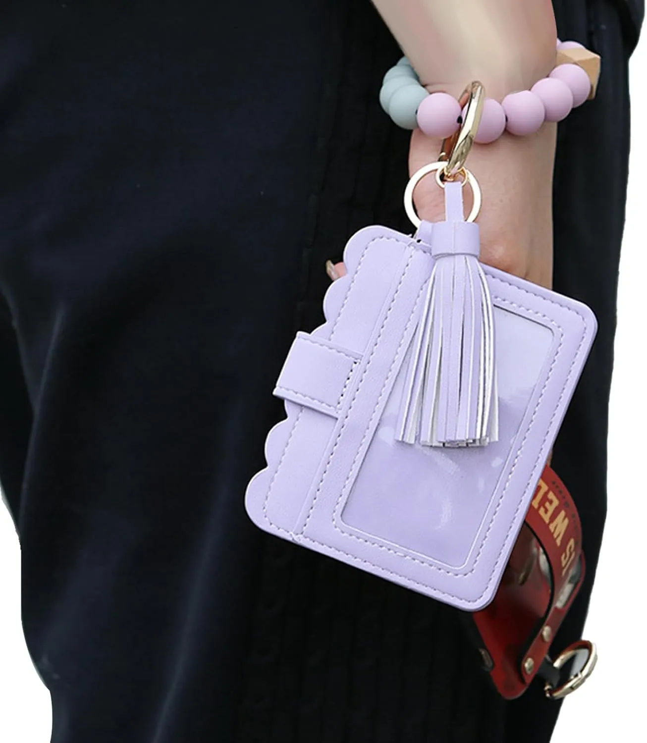 Boho Flower Keychain Wallet for Women  Cute Silicone Beaded Bracelet Wristlet with Card Holder, Tassel Key Ring