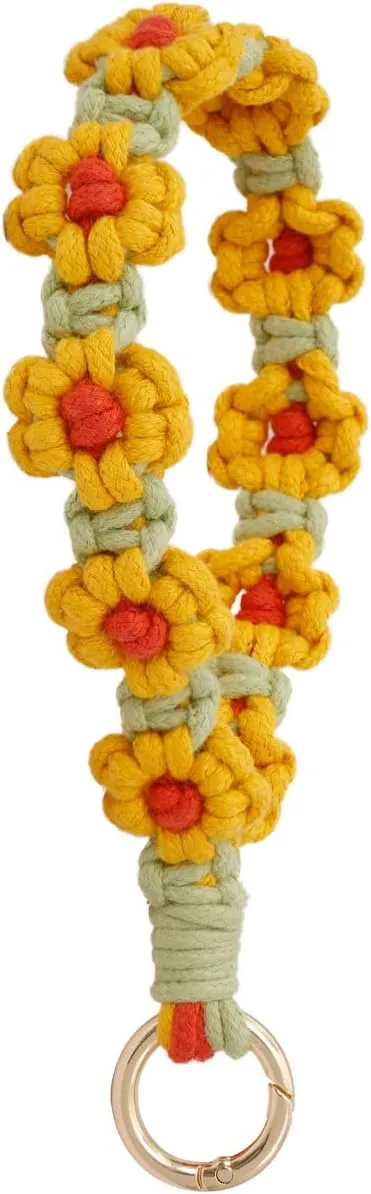 Boho Macrame Keychain Wristlet, Daisy Weave Handmade Keyring Holder Bracelet Wrist Lanyard for Women