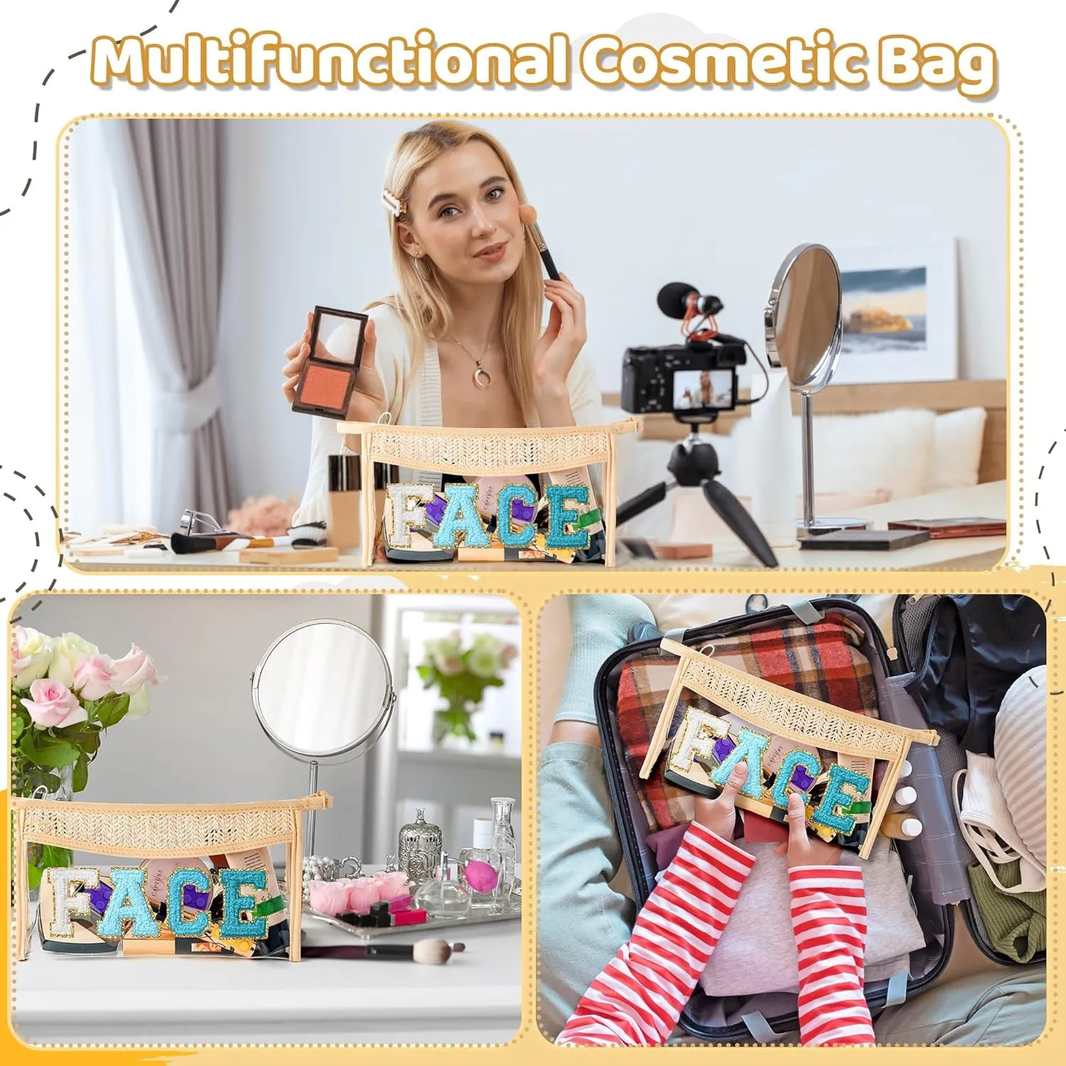 Boho Patch Cosmetic Bag - Summer FACE Blue Chenille Varsity Letter Clear Toiletry Kit Waterproof Portable Woven Makeup Bag PVC Zipper Purse Travel Toiletry Pouch Summer Beach Gift for Women