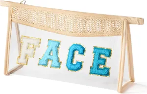 Boho Patch Cosmetic Bag - Summer FACE Blue Chenille Varsity Letter Clear Toiletry Kit Waterproof Portable Woven Makeup Bag PVC Zipper Purse Travel Toiletry Pouch Summer Beach Gift for Women