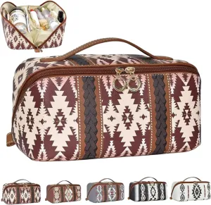 Boho Western Style Makeup Bag, PU Casual Colorblock Makeup Organizer Pouch, Versatile Waterproof Portable Organizer Pouch, Waterproof Portable Skincare Storage Pouch (Curry)