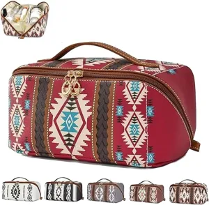 Boho Western Style Makeup Bag, PU Casual Colorblock Makeup Organizer Pouch, Versatile Waterproof Portable Organizer Pouch, Waterproof Portable Skincare Storage Pouch (Red)