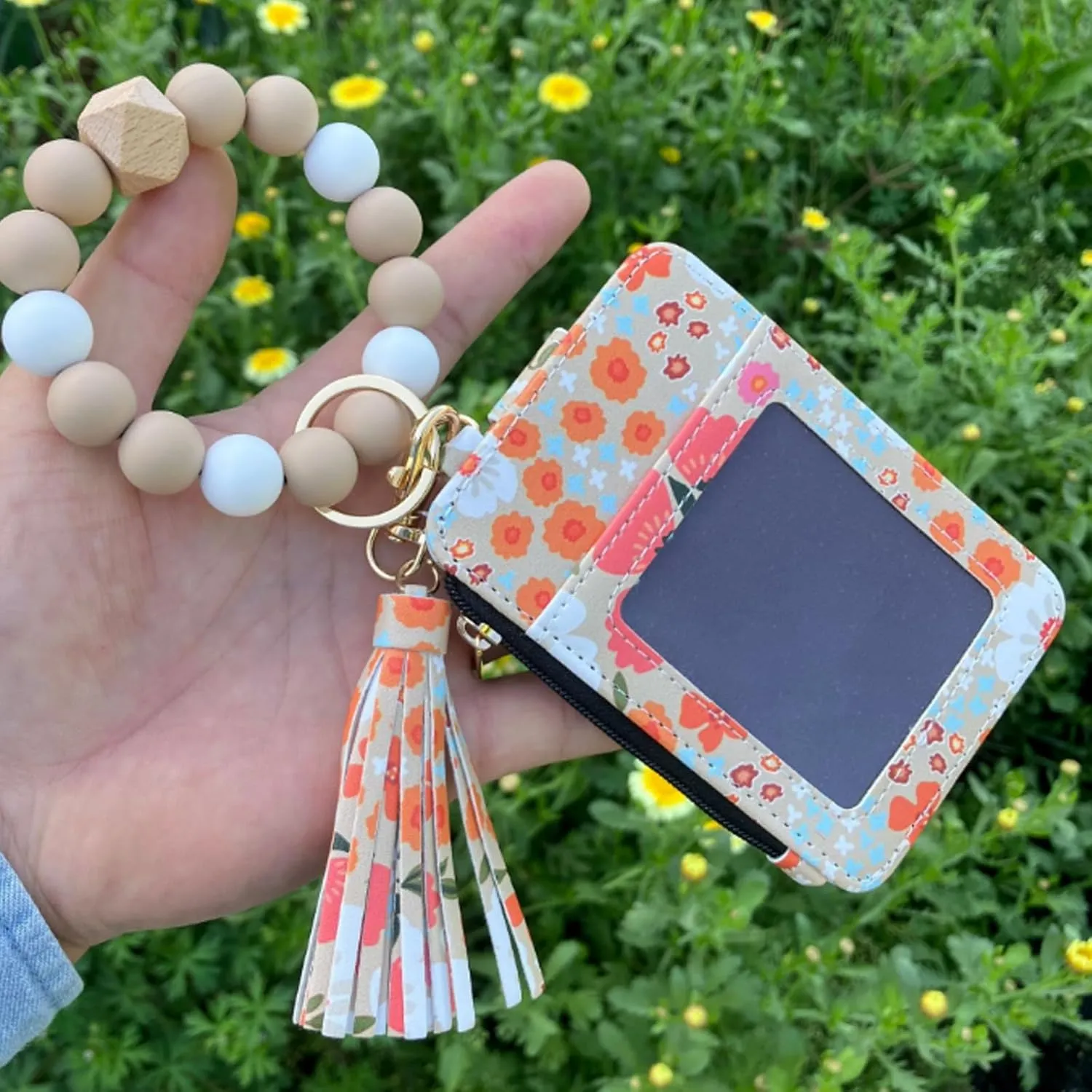 Boho Wristlet Wallet, Womens Boho Beaded Wallet, Tassel Decorated Keychain with Flower Pattern Wallets (1PCS*C)