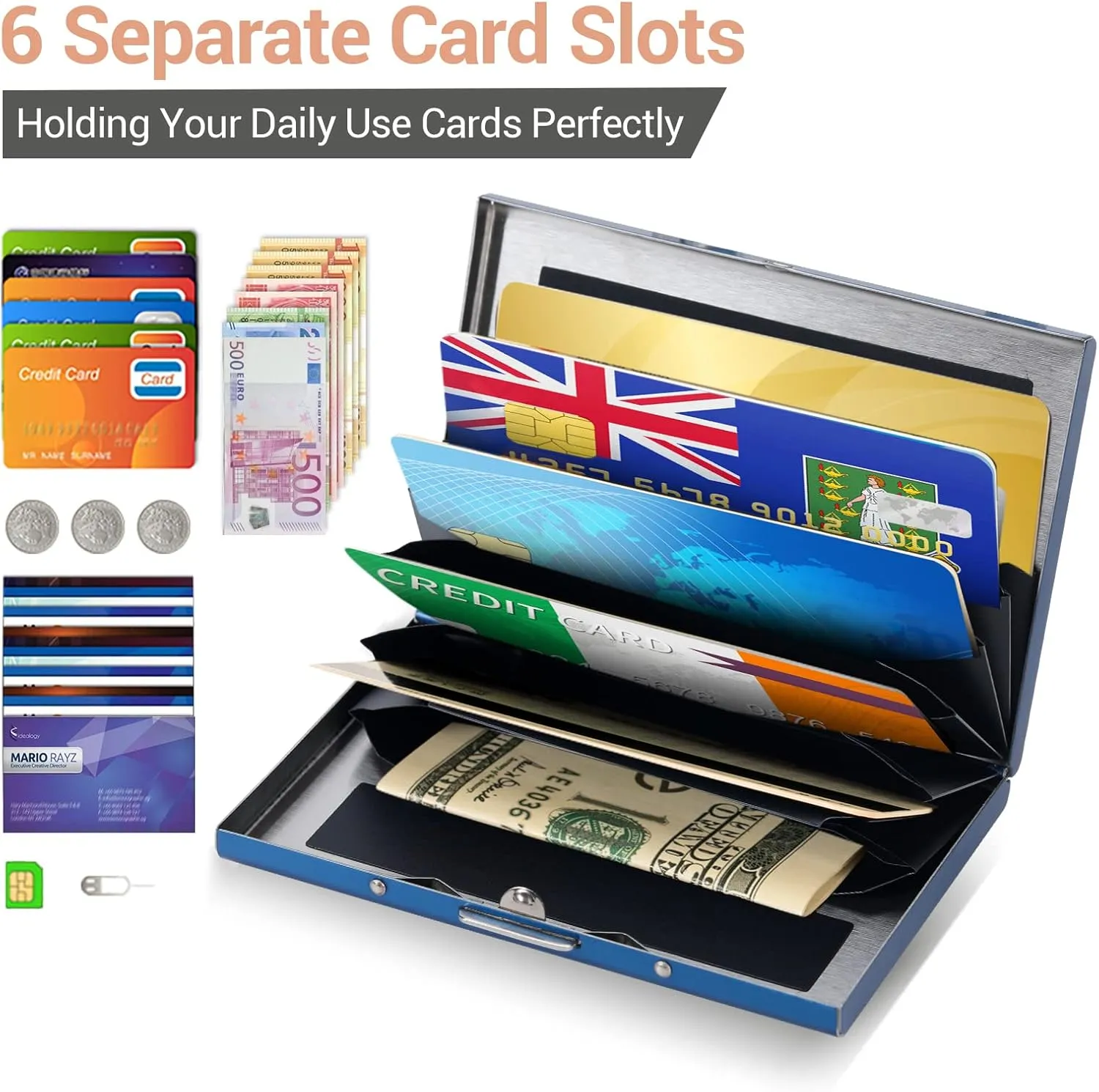 BONSYL Credit Card Holder, RFID Blocking Slim Metal Credit Card Wallet, with 6 Card Slots, for Women and Men.