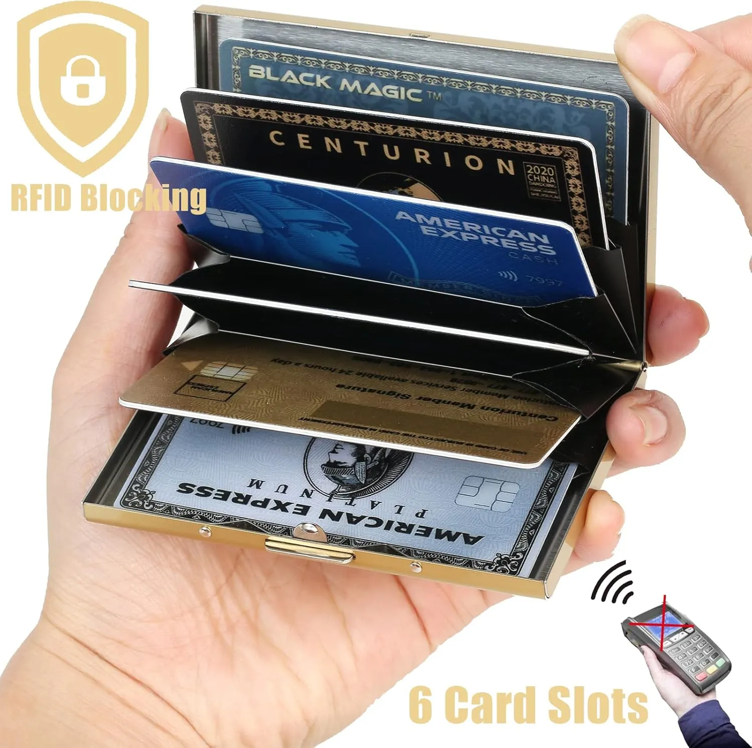 BONSYL Credit Card Holder, RFID Blocking Slim Metal Credit Card Wallet, with 6 Card Slots, for Women and Men.