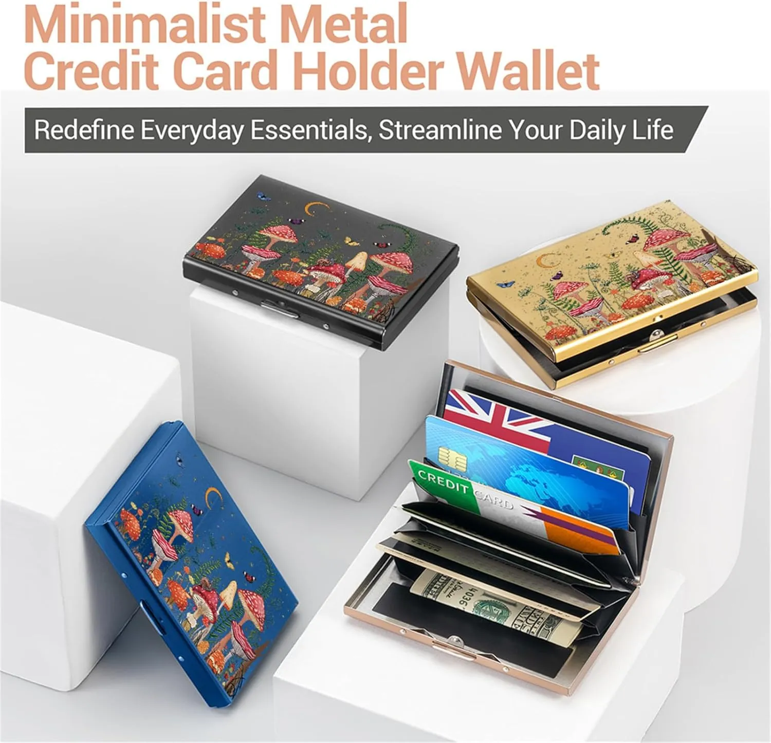BONSYL Credit Card Holder, RFID Blocking Slim Metal Credit Card Wallet, with 6 Card Slots, for Women and Men.