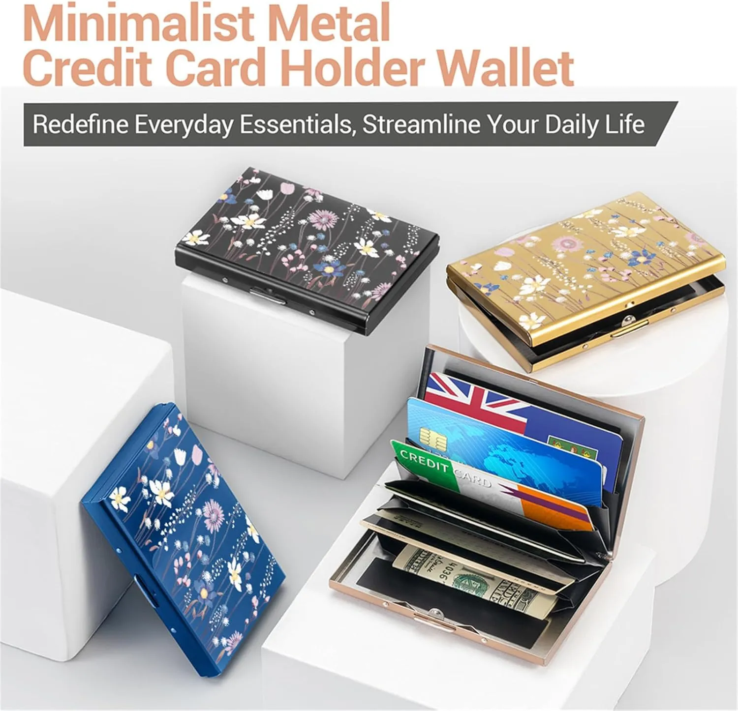 BONSYL Credit Card Holder, RFID Blocking Slim Metal Credit Card Wallet, with 6 Card Slots, for Women and Men.