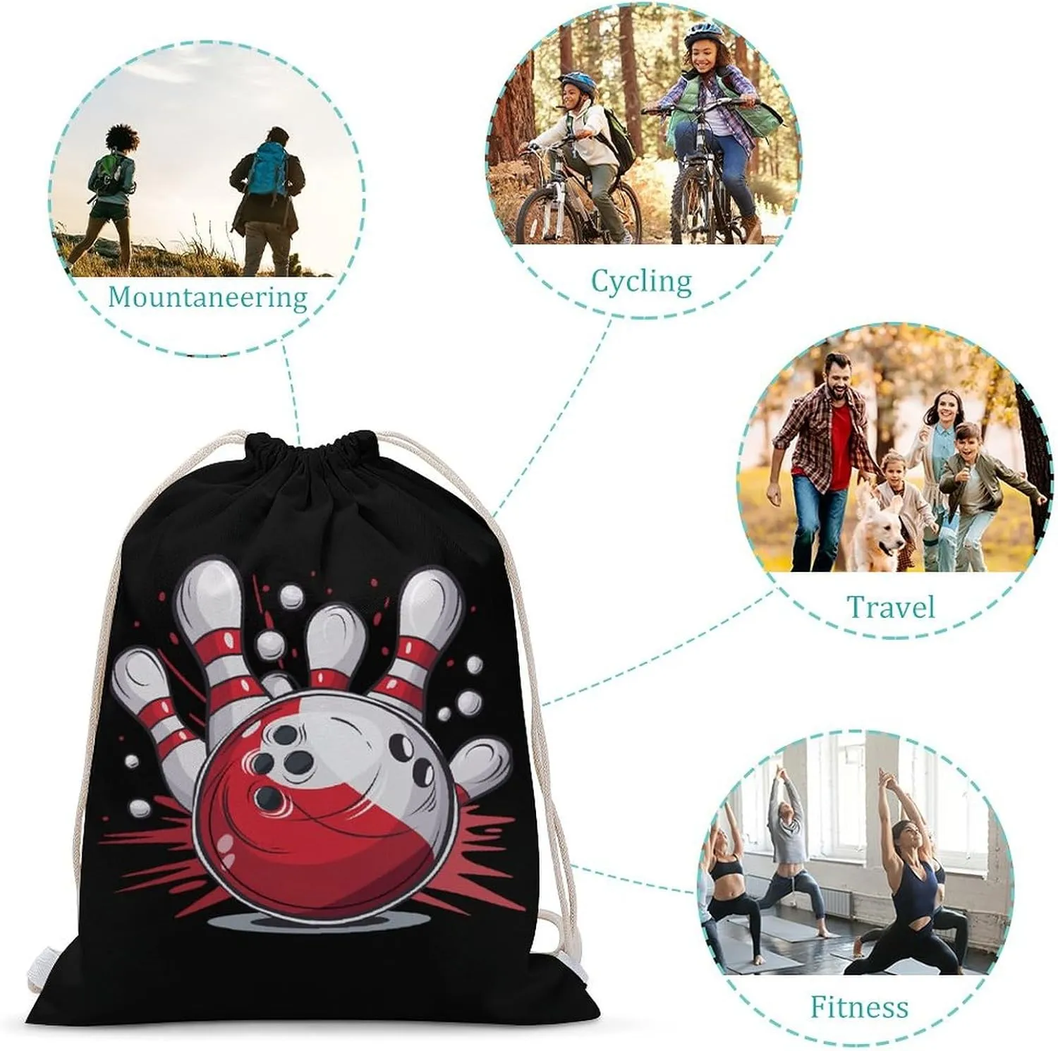 Bowling Ball And Pins Drawstring Backpack Lightweight Sports Gym Bag String Bag for Men Women 35x50cm