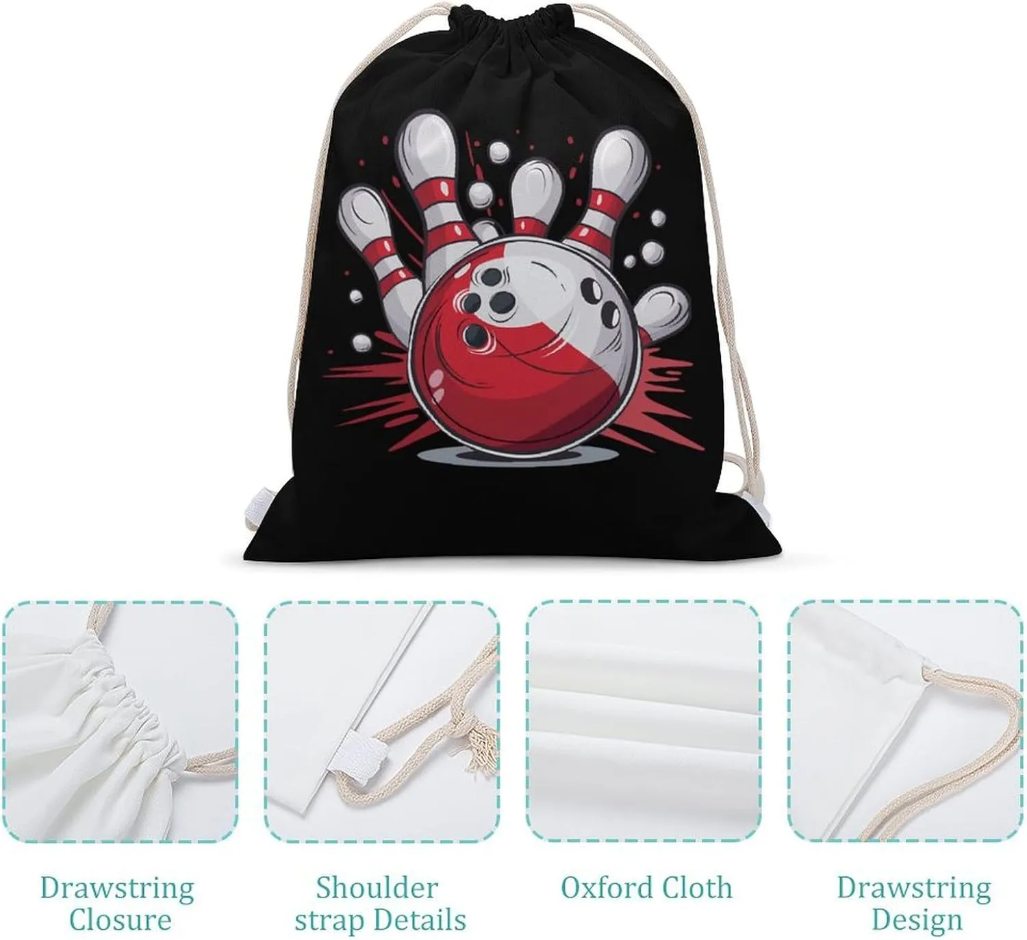 Bowling Ball And Pins Drawstring Backpack Lightweight Sports Gym Bag String Bag for Men Women 35x50cm