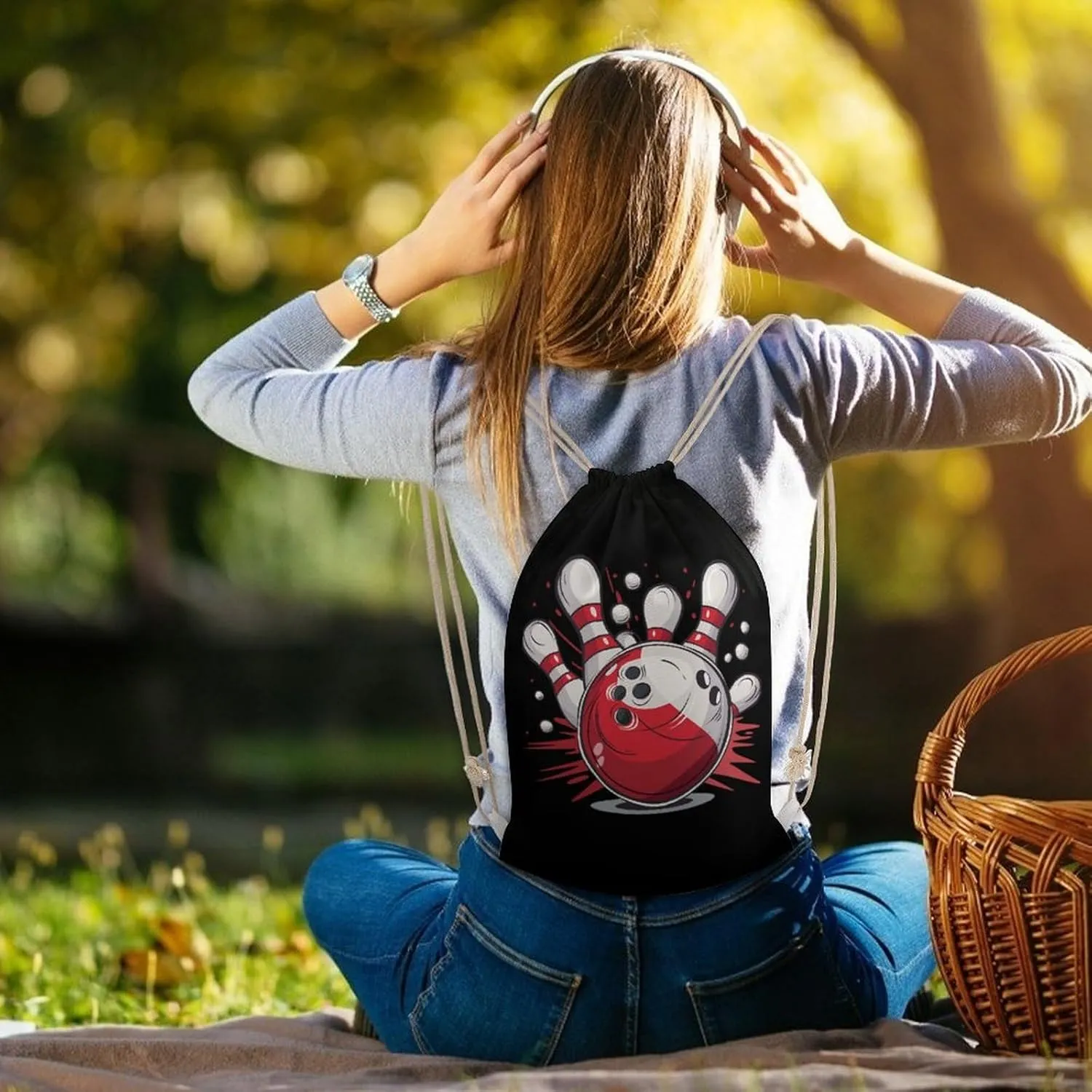 Bowling Ball And Pins Drawstring Backpack Lightweight Sports Gym Bag String Bag for Men Women 35x50cm